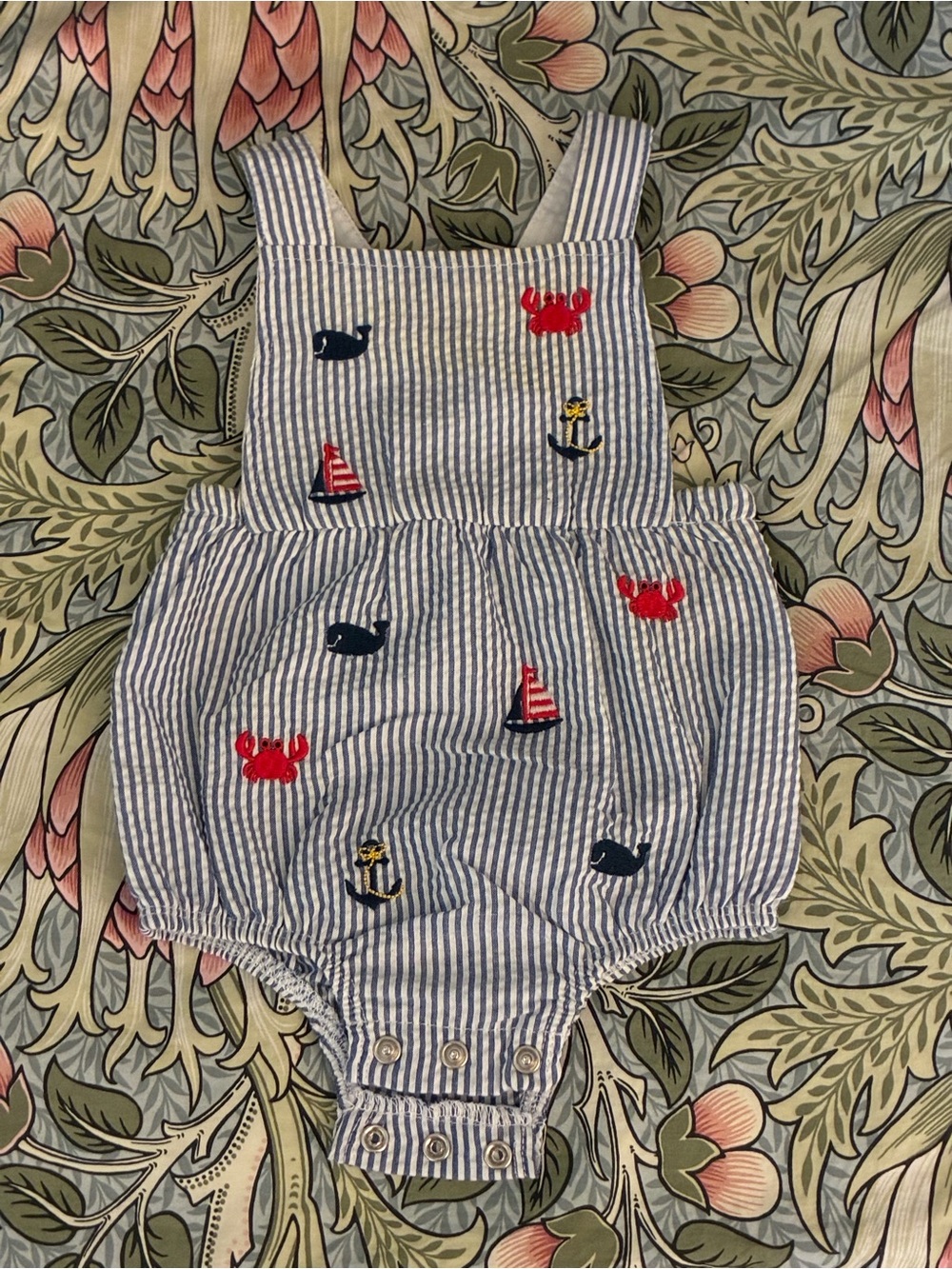 Mud Pie Striped Seersucker Baby Romper with Nautical Embroidery - Blue
